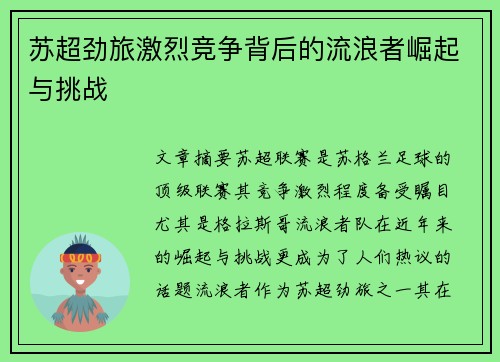 苏超劲旅激烈竞争背后的流浪者崛起与挑战 苏超劲旅激烈竞争背后的流浪者崛起与挑战
