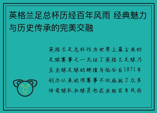 英格兰足总杯历经百年风雨 经典魅力与历史传承的完美交融 英格兰足总杯历经百年风雨 经典魅力与历史传承的完美交融