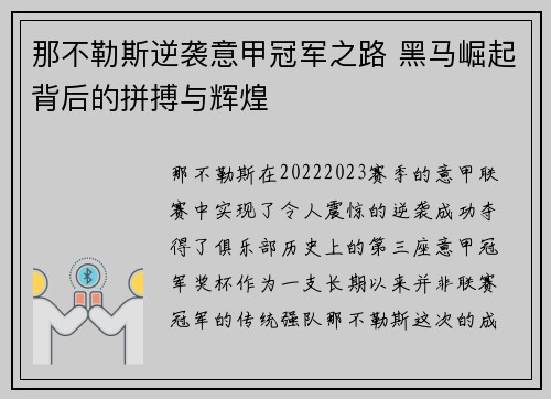 那不勒斯逆袭意甲冠军之路 黑马崛起背后的拼搏与辉煌 那不勒斯逆袭意甲冠军之路 黑马崛起背后的拼搏与辉煌