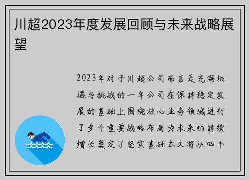 川超2023年度发展回顾与未来战略展望